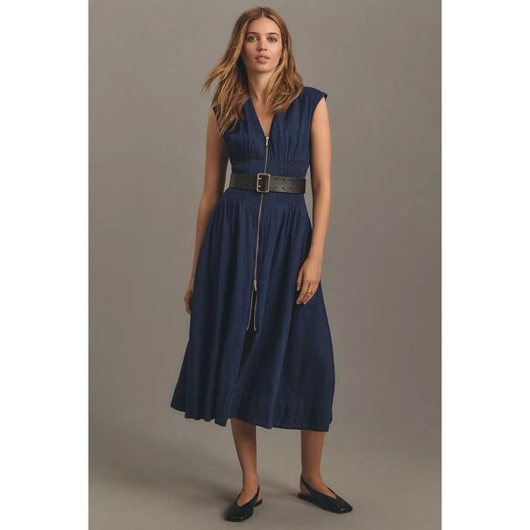 Anthropologie Dresses & Skirts - New Anthropologie The Tommie Cap-Sleeve Smocked Front-Zip Midi Shirt Dress Size